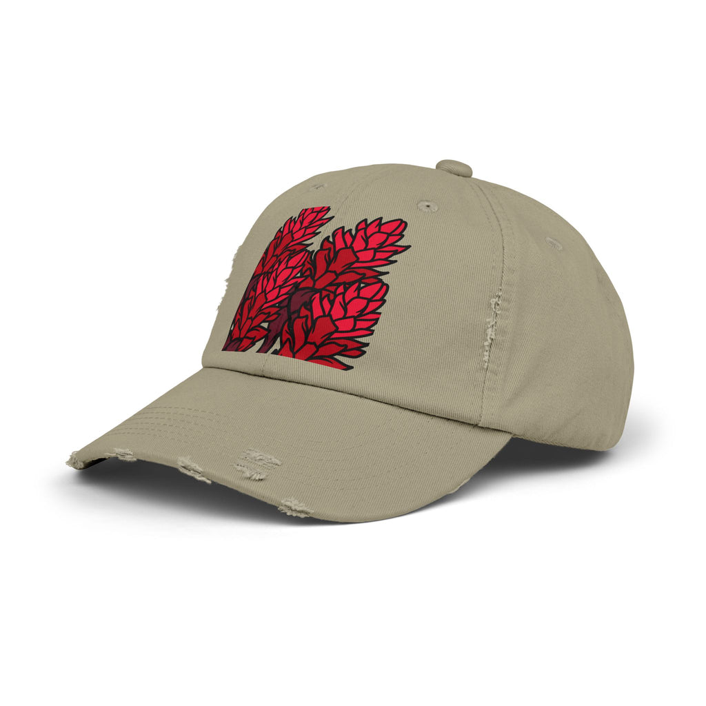 Distressed Black Cap with Red Leaf Patch — Floral Graphic Dad Hat