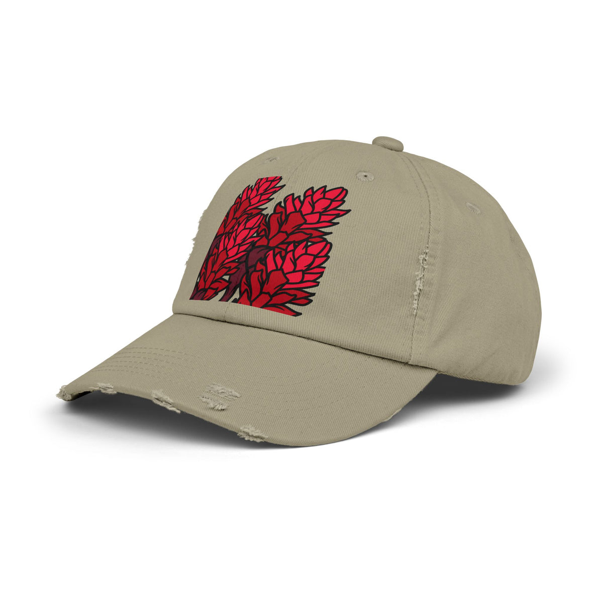 Distressed Black Cap with Red Leaf Patch — Floral Graphic Dad Hat