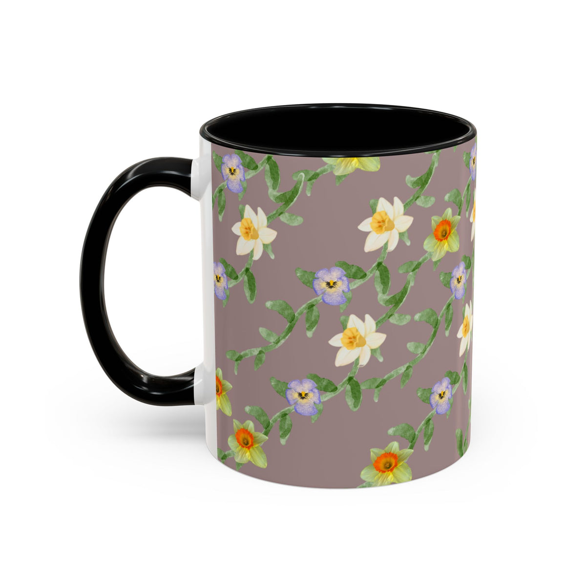 Floral Vine Accent Coffee Mug — Handpainted Daffodil & Violet Pattern (11/15oz)