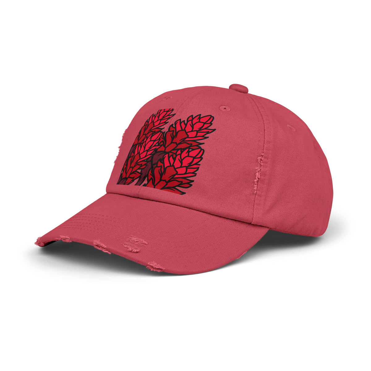 Distressed Black Cap with Red Leaf Patch — Floral Graphic Dad Hat