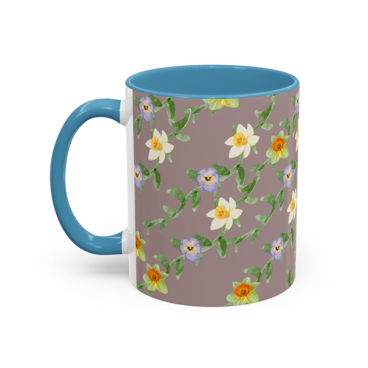 Floral Vine Accent Coffee Mug — Handpainted Daffodil & Violet Pattern (11/15oz)