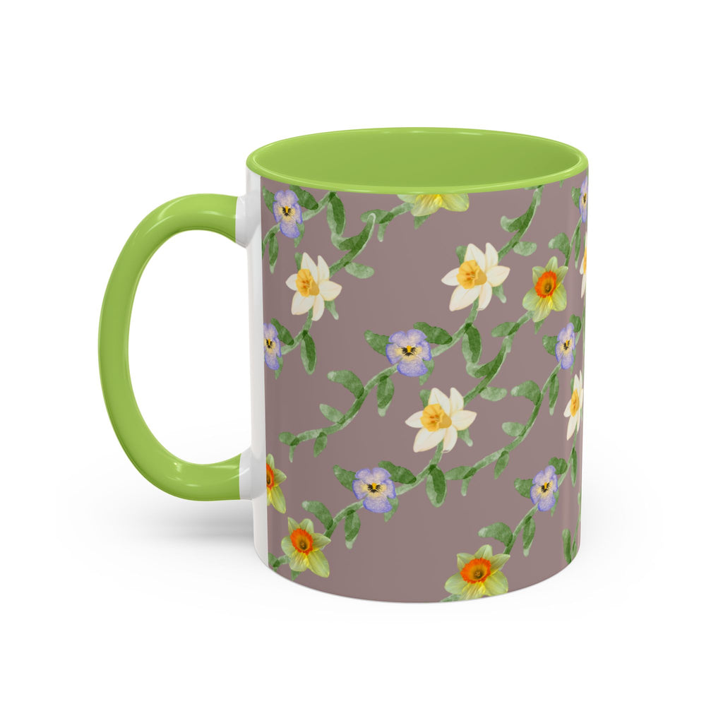 Floral Vine Accent Coffee Mug — Handpainted Daffodil & Violet Pattern (11/15oz)