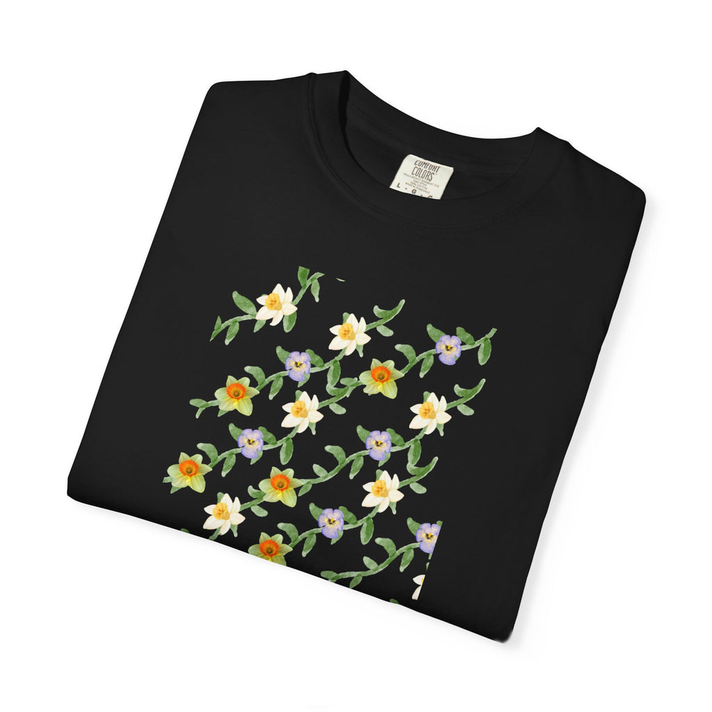 Floral Vine Pattern T-Shirt — Yellow & Purple Blossom Graphic Tee