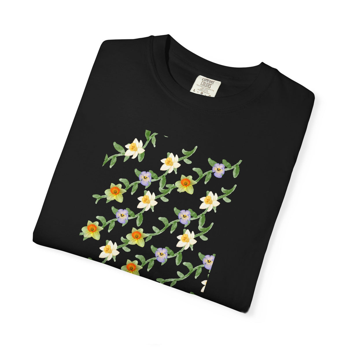 Floral Vine Pattern T-Shirt — Yellow & Purple Blossom Graphic Tee