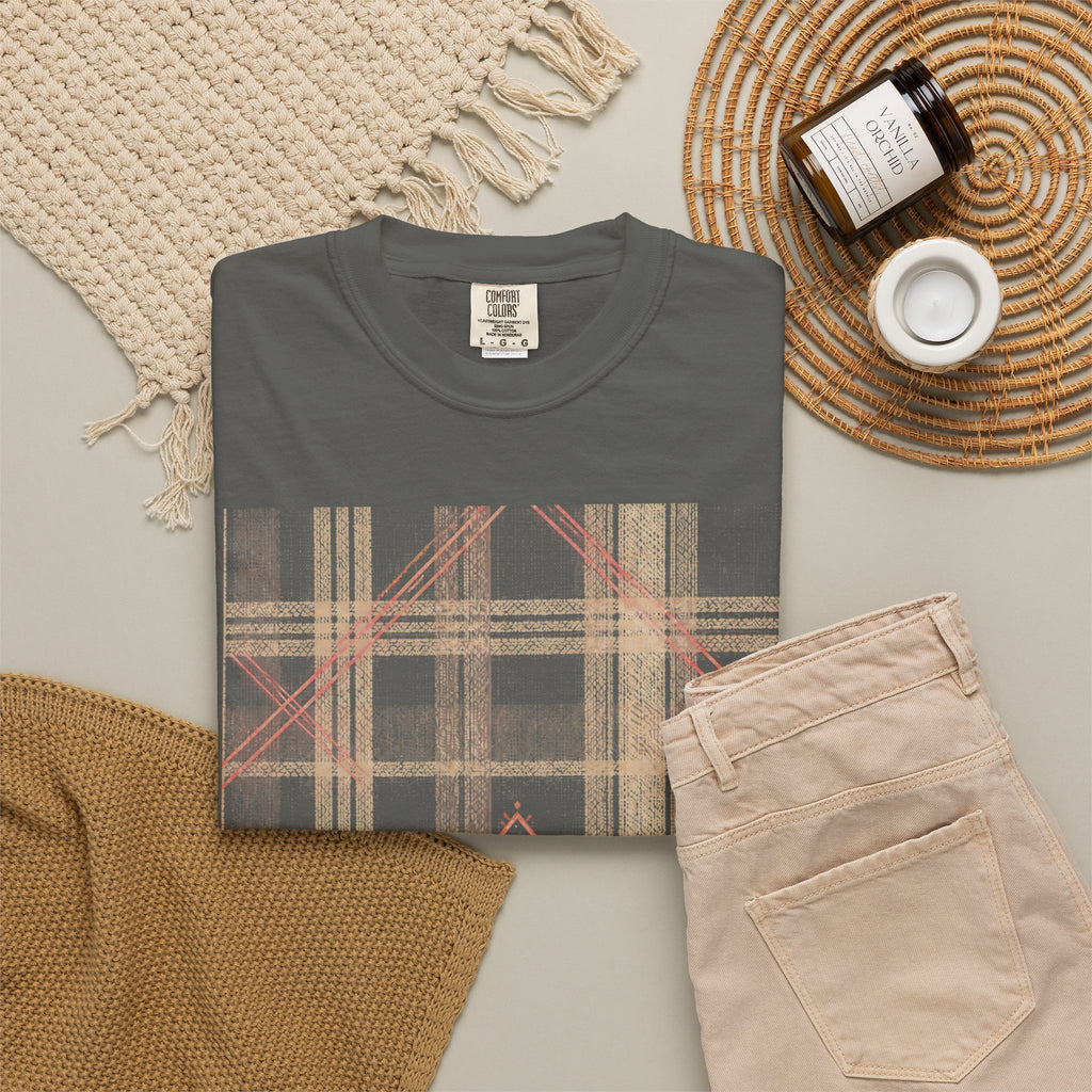 Plaid Canvas Graphic T-Shirt — Subtle Peach & Beige Geometric Plaid
