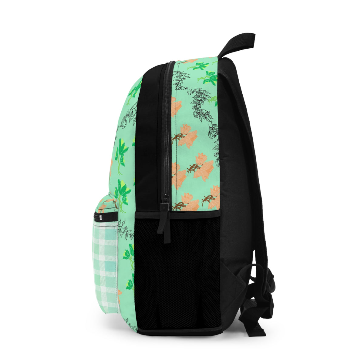 Mint Floral Plaid Backpack — Pastel Green Flower Pattern School Bag