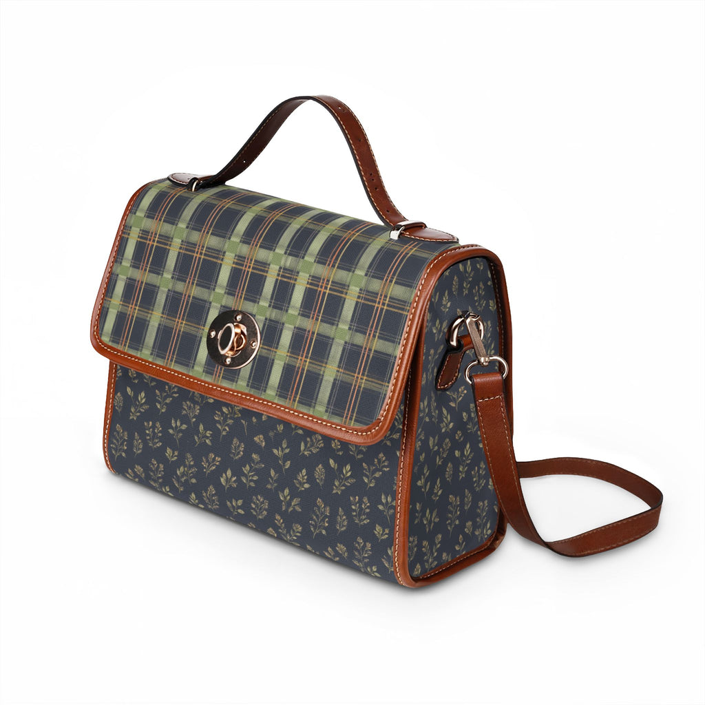Waterproof Canvas Satchel — Green Plaid & Floral Print Tote Bag
