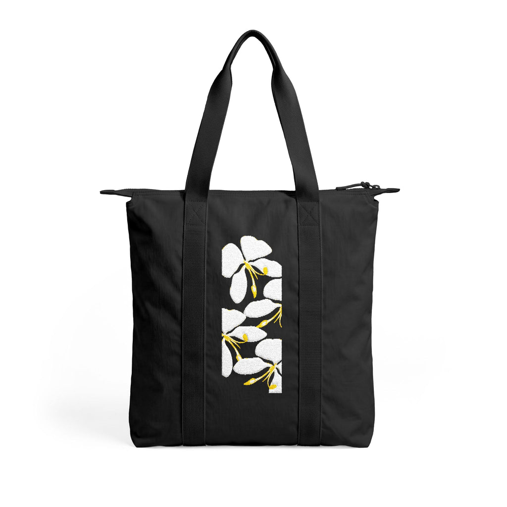 Floral Nomad Tote Bag — Black Carry-All with White & Yellow Blossom Stripe