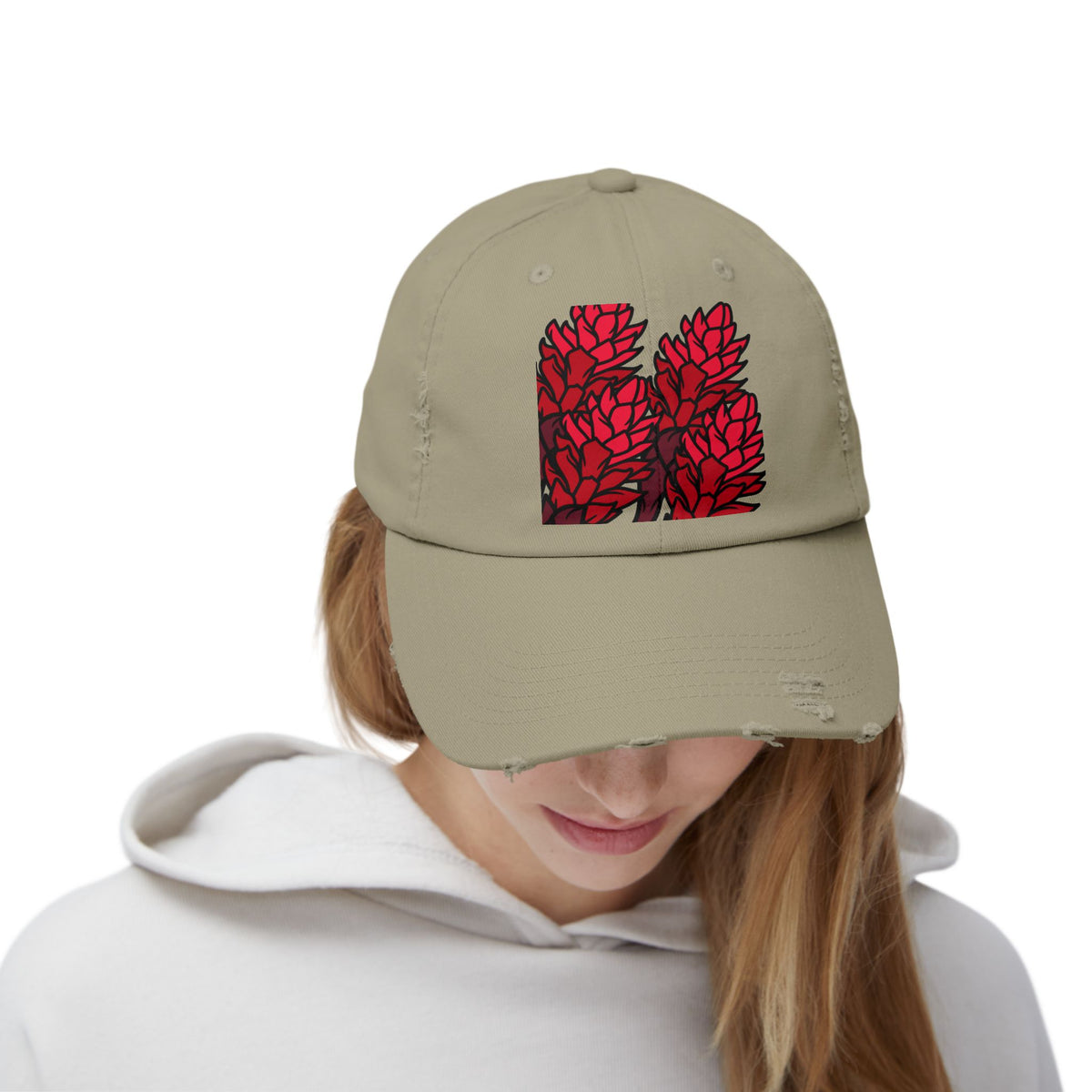 Distressed Black Cap with Red Leaf Patch — Floral Graphic Dad Hat