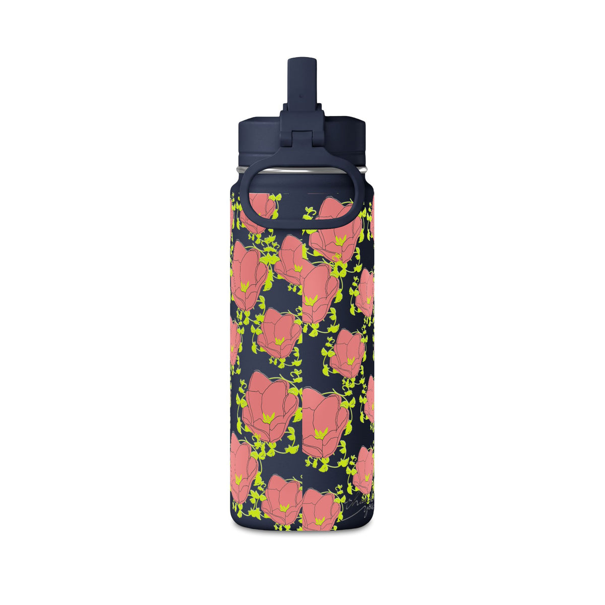 20oz Floral Water Bottle — Pink Poppy Pattern