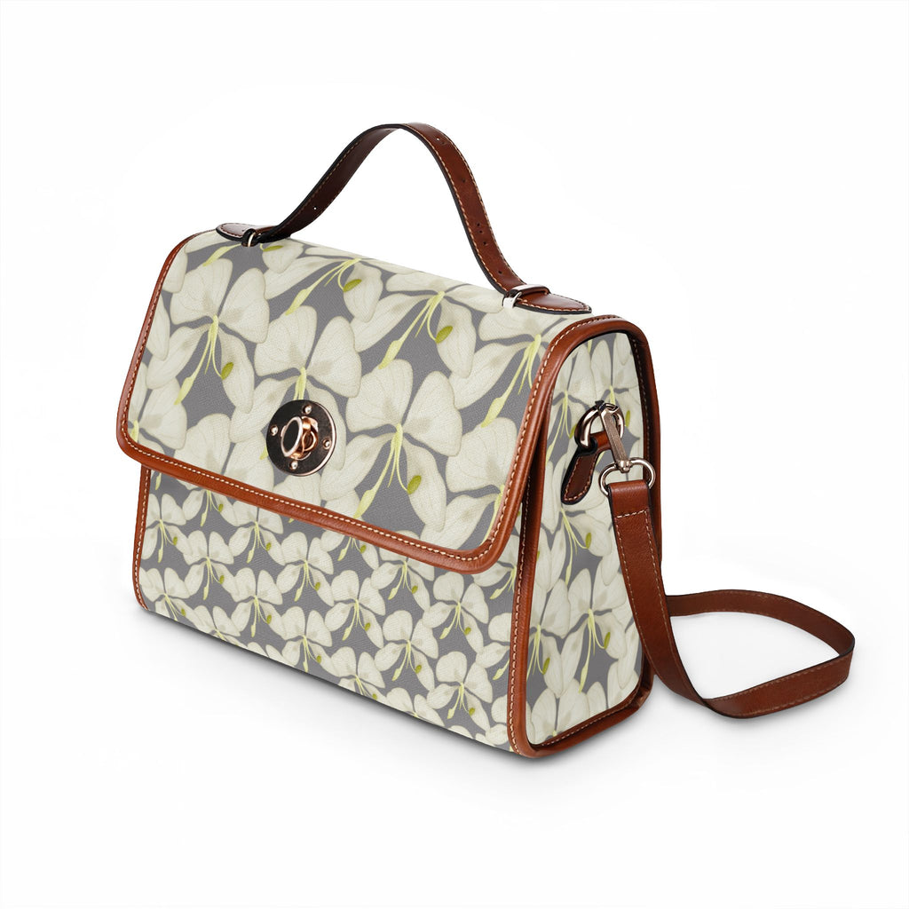 Floral Waterproof Canvas Bag – Gray White Plumeria Print Crossbody Tote