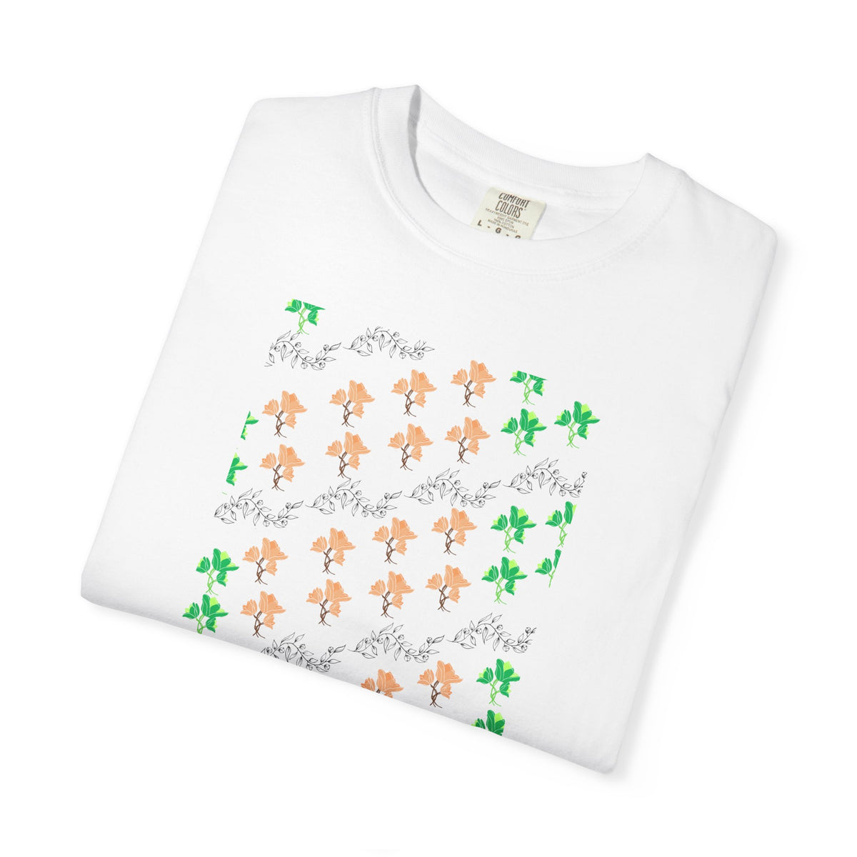 Floral Script T-Shirt — Peach Blossoms & Green Leaves Pattern