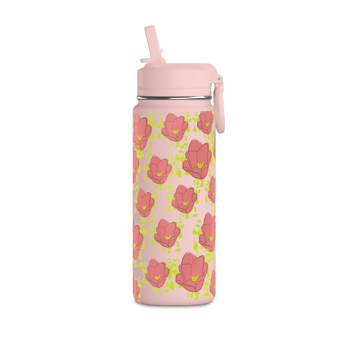 20oz Floral Water Bottle — Pink Poppy Pattern