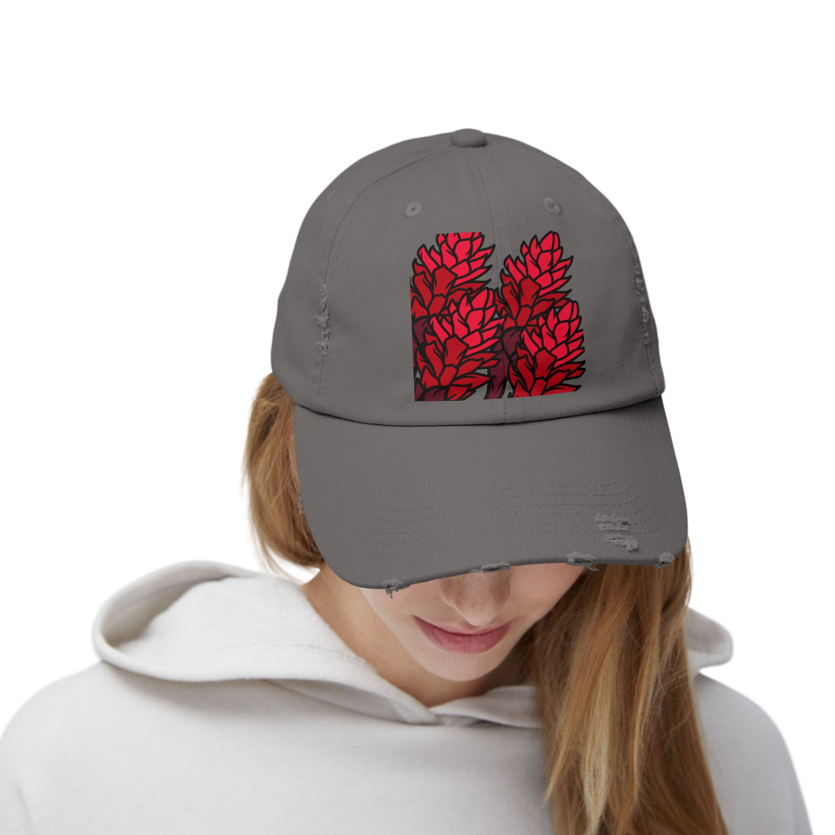 Distressed Black Cap with Red Leaf Patch — Floral Graphic Dad Hat