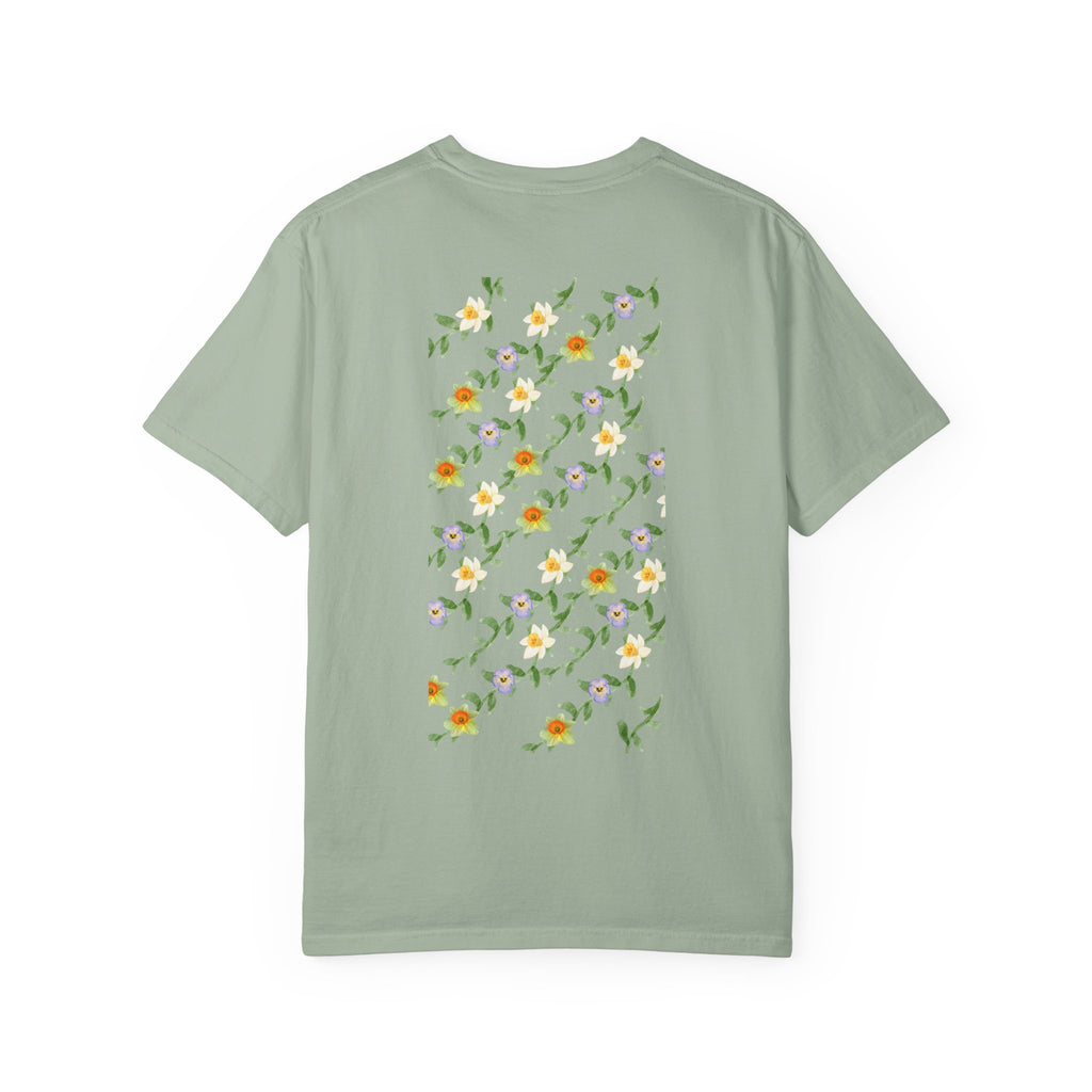 Floral Vine Pattern T-Shirt — Yellow & Purple Blossom Graphic Tee