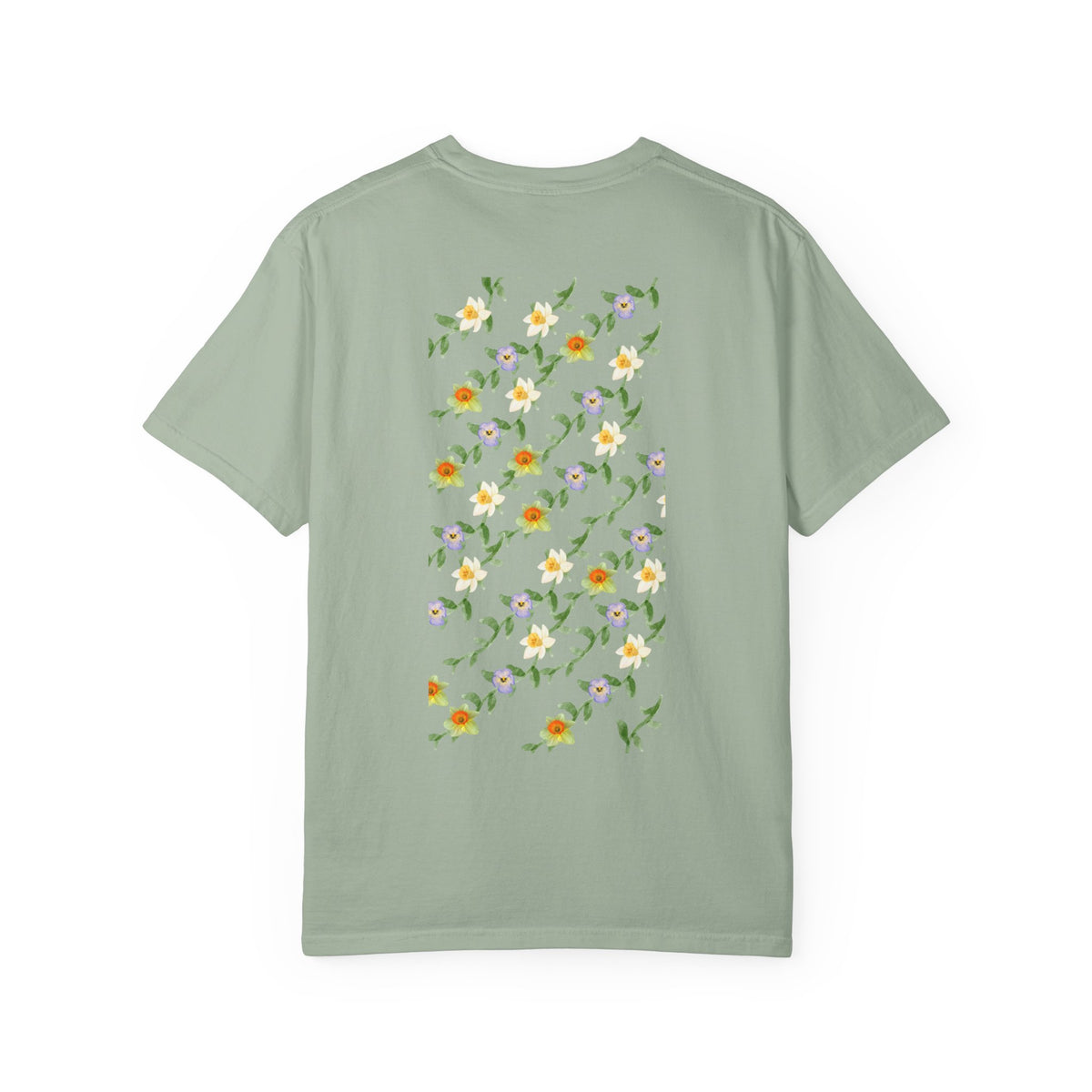 Floral Vine Pattern T-Shirt — Yellow & Purple Blossom Graphic Tee