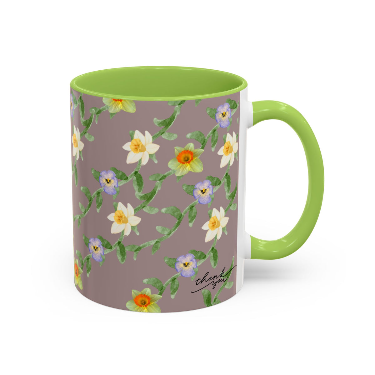 Floral Vine Accent Coffee Mug — Handpainted Daffodil & Violet Pattern (11/15oz)