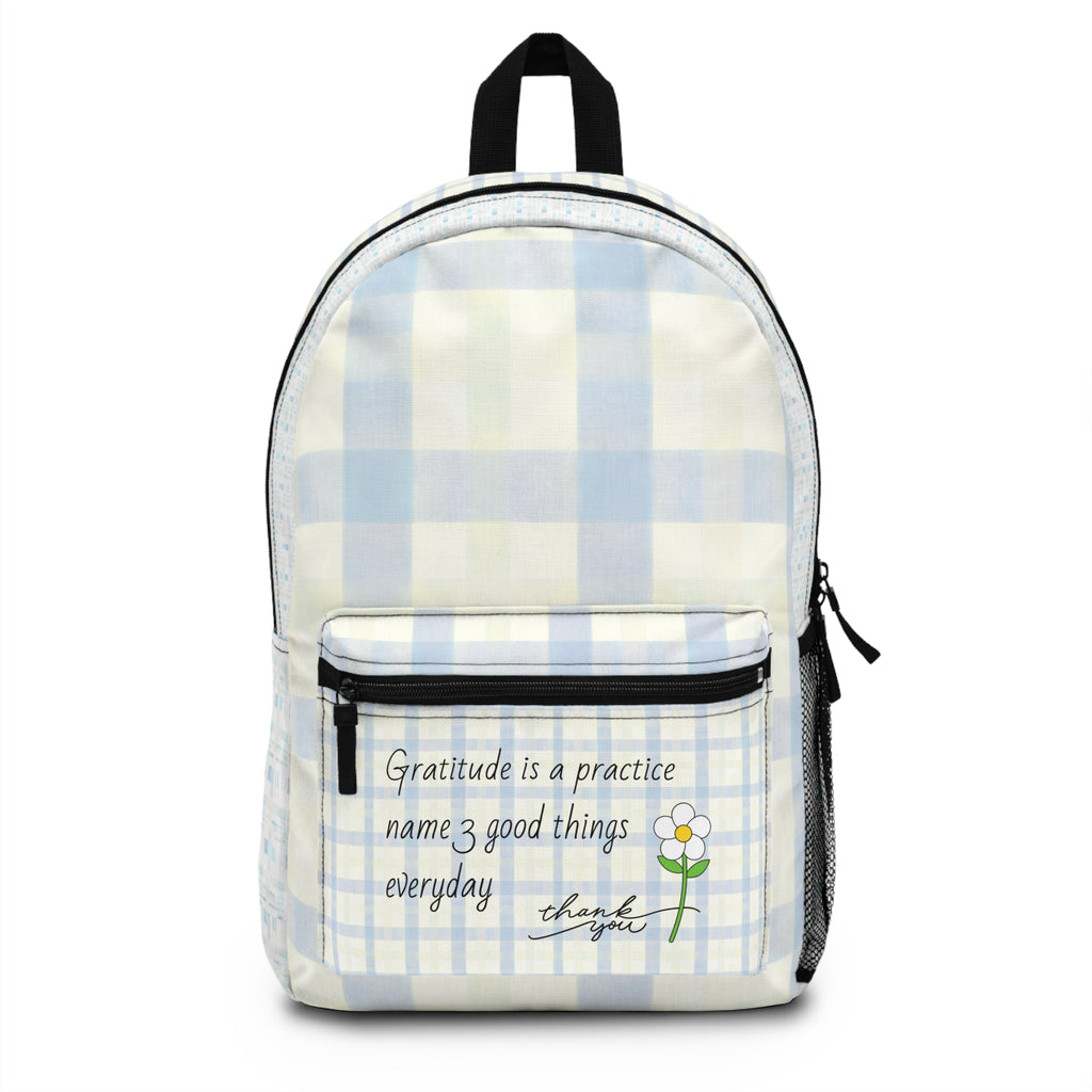 Gratitude Practice Backpack — Floral Blue Plaid "Name 3 Good Things Everyday"