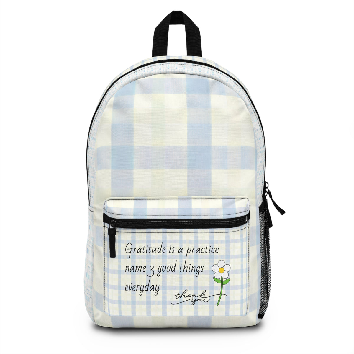 Gratitude Practice Backpack — Floral Blue Plaid "Name 3 Good Things Everyday"