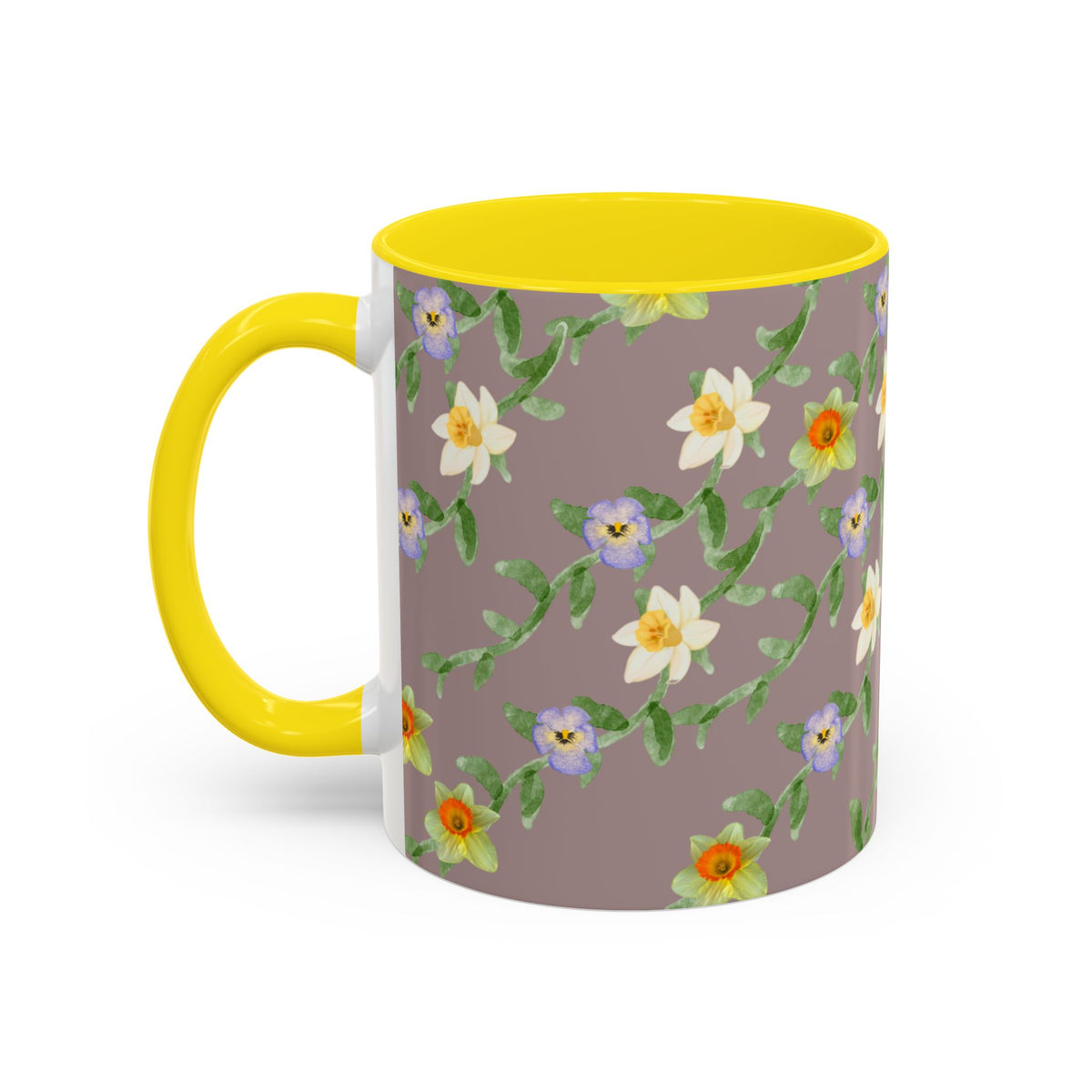 Floral Vine Accent Coffee Mug — Handpainted Daffodil & Violet Pattern (11/15oz)