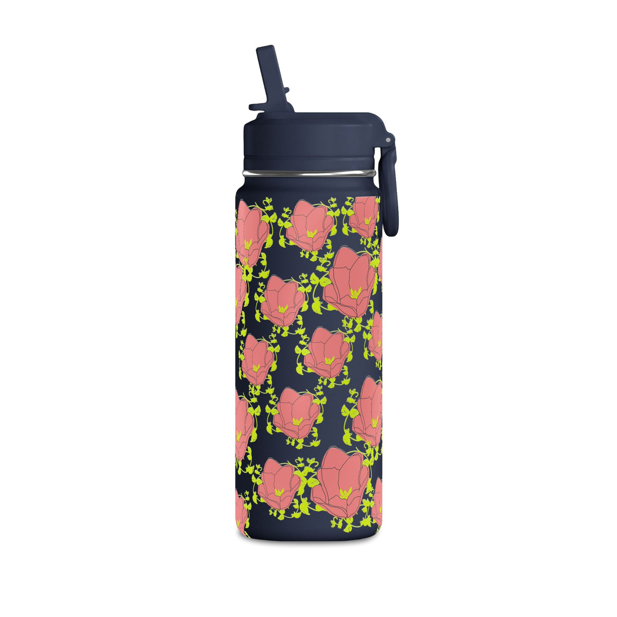 20oz Floral Water Bottle — Pink Poppy Pattern