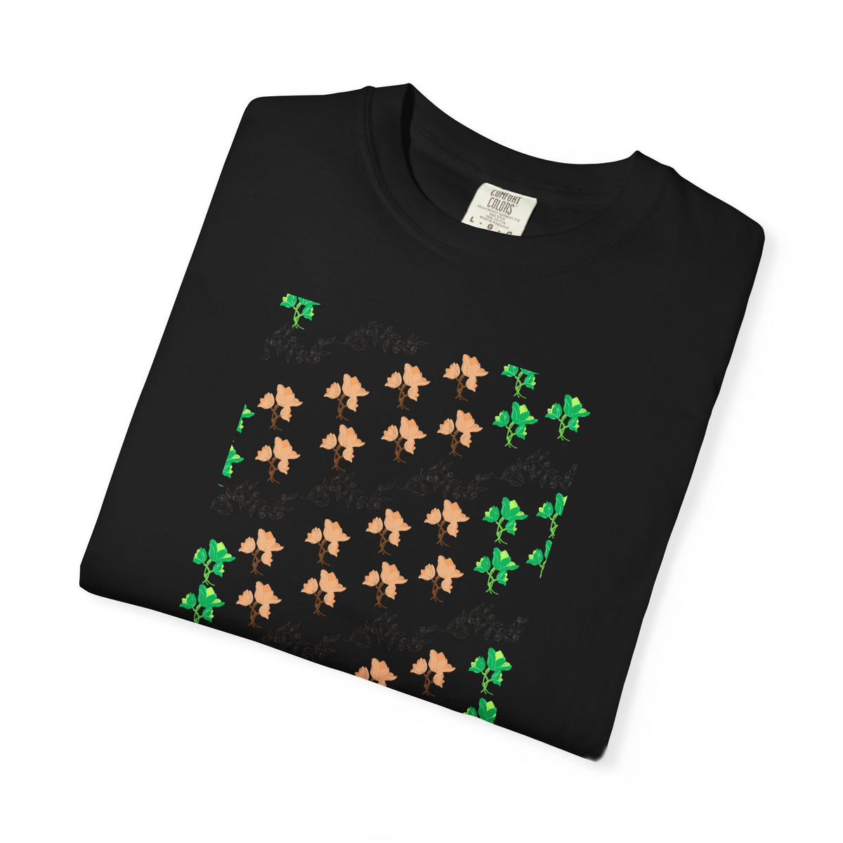 Floral Script T-Shirt — Peach Blossoms & Green Leaves Pattern