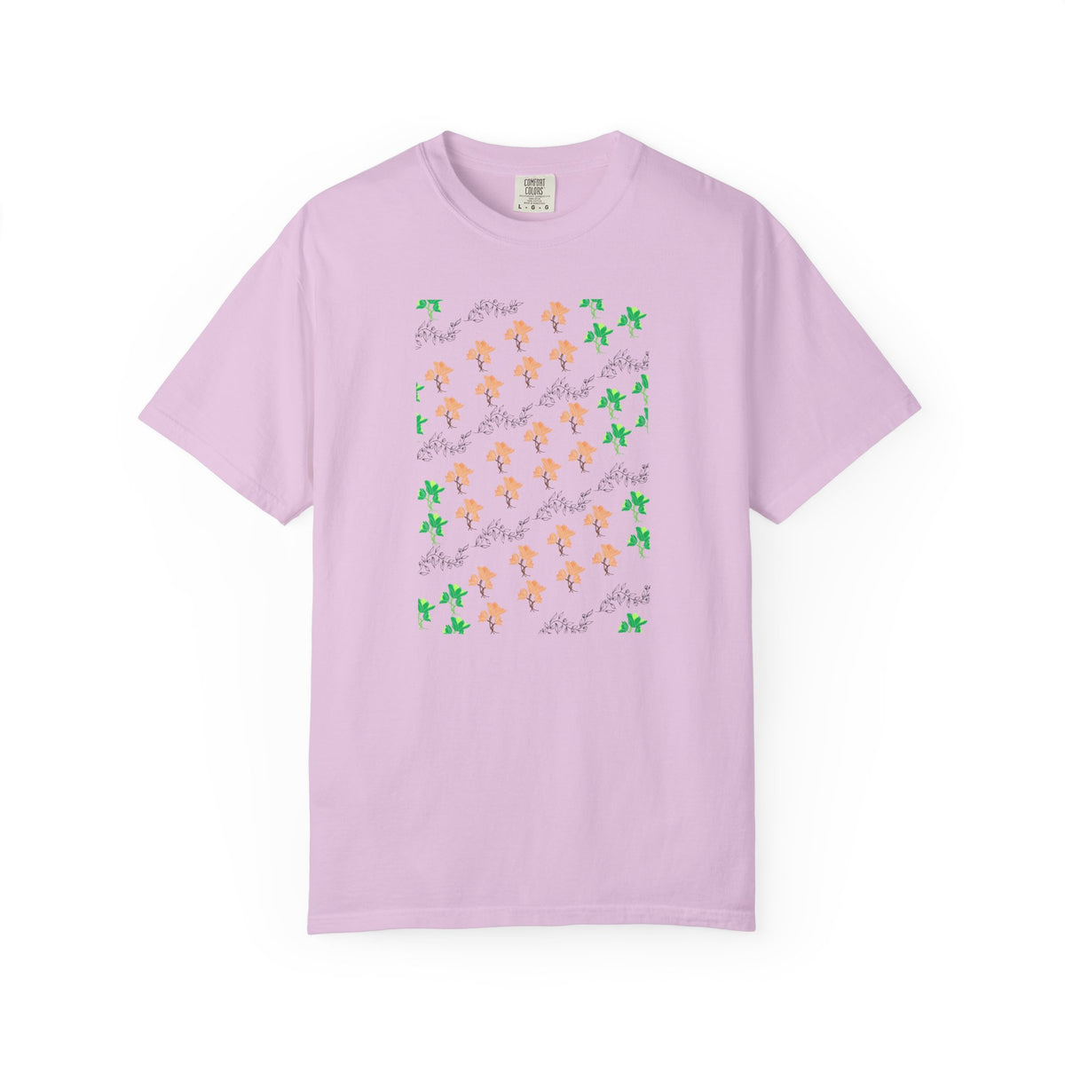 Floral Script T-Shirt — Peach Blossoms & Green Leaves Pattern