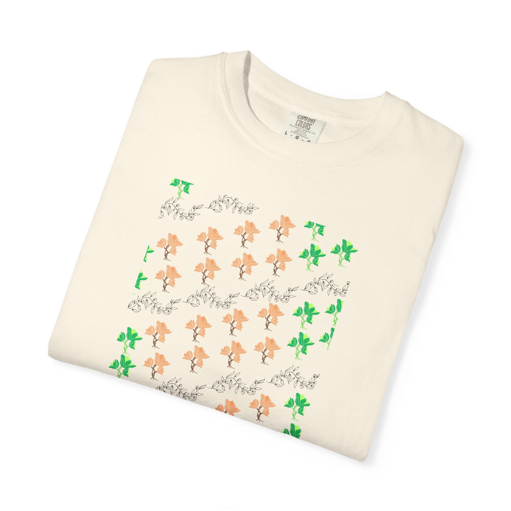 Floral Script T-Shirt — Peach Blossoms & Green Leaves Pattern