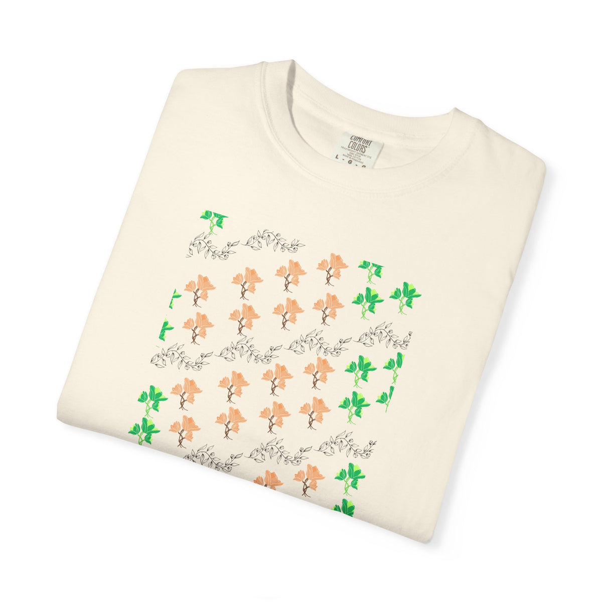 Floral Script T-Shirt — Peach Blossoms & Green Leaves Pattern