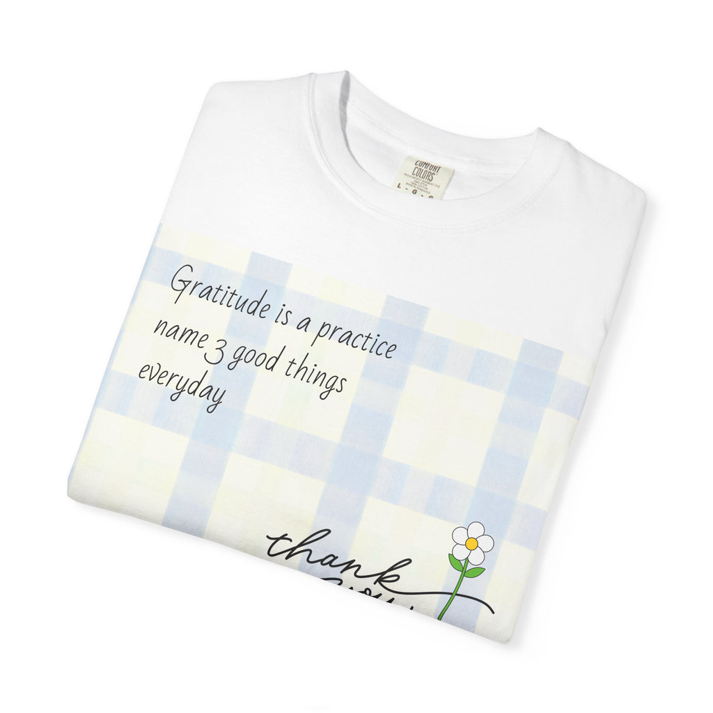 Gratitude Practice Tee — "thank you" Floral Plaid T-Shirt