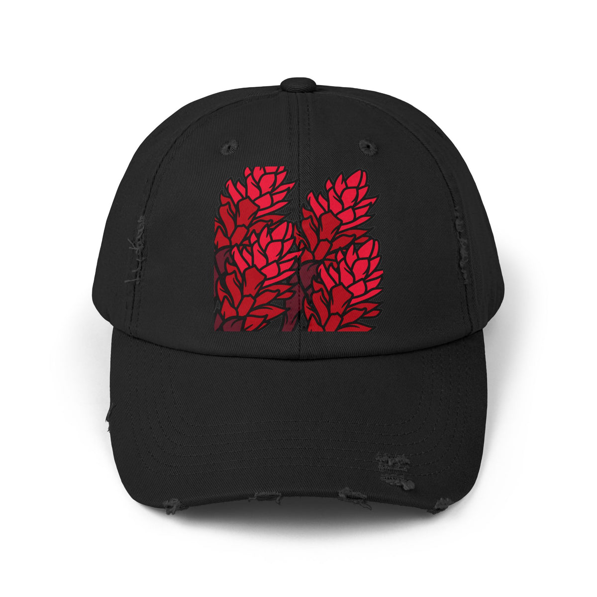 Distressed Black Cap with Red Leaf Patch — Floral Graphic Dad Hat