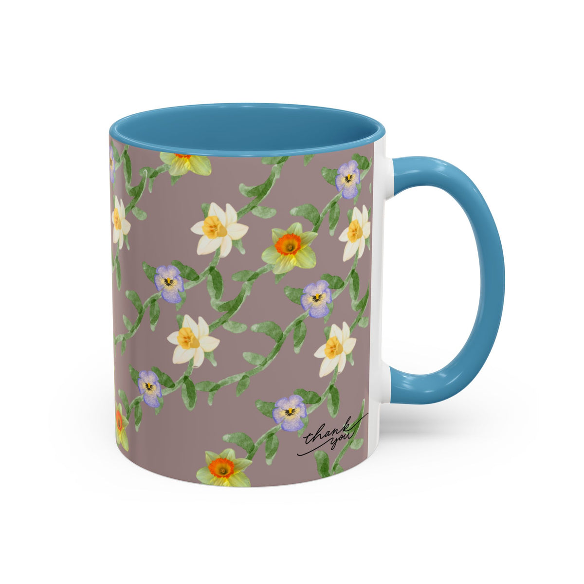 Floral Vine Accent Coffee Mug — Handpainted Daffodil & Violet Pattern (11/15oz)