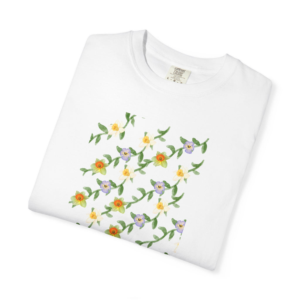 Floral Vine Pattern T-Shirt — Yellow & Purple Blossom Graphic Tee
