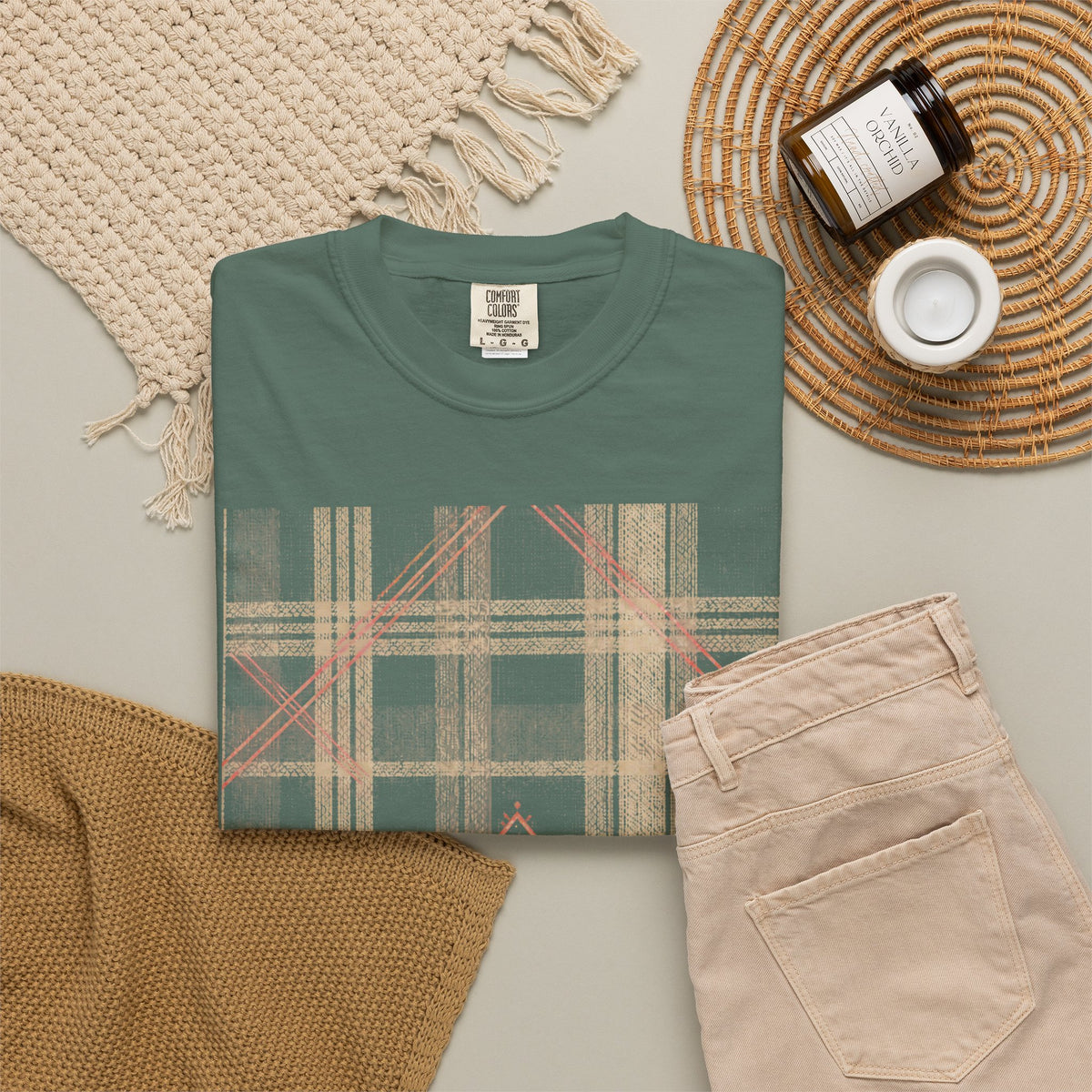 Plaid Canvas Graphic T-Shirt — Subtle Peach & Beige Geometric Plaid