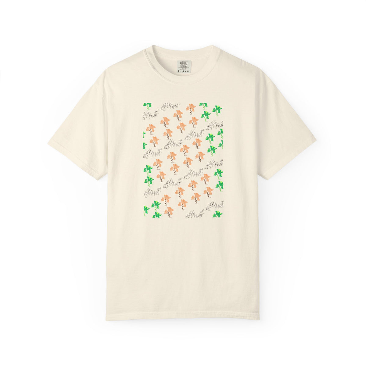 Floral Script T-Shirt — Peach Blossoms & Green Leaves Pattern