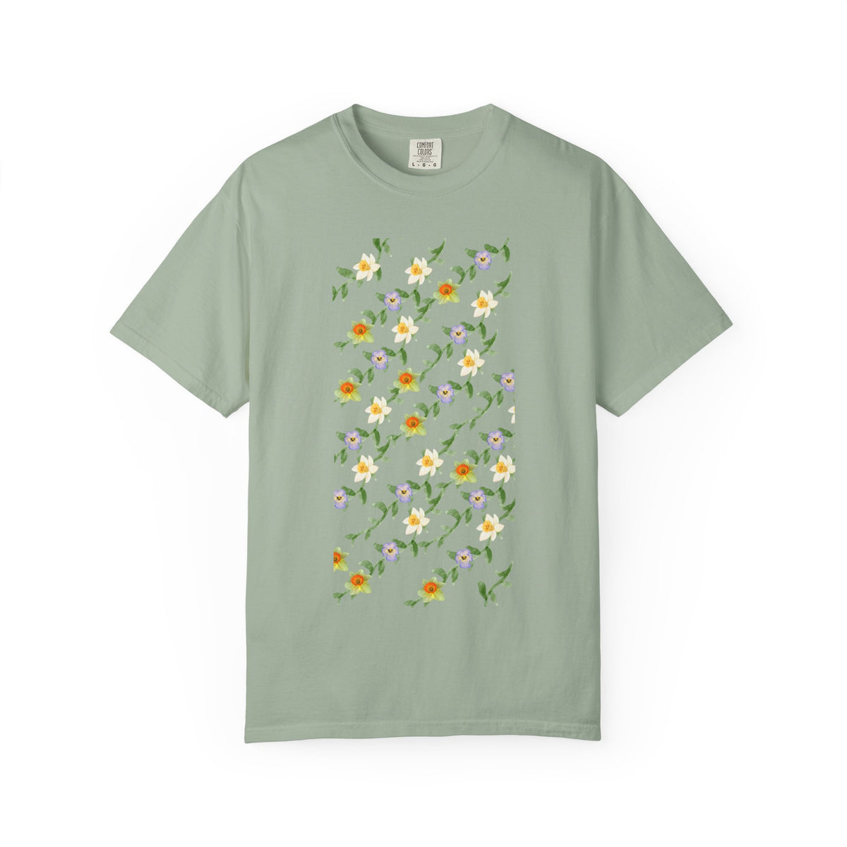 Floral Vine Pattern T-Shirt — Yellow & Purple Blossom Graphic Tee