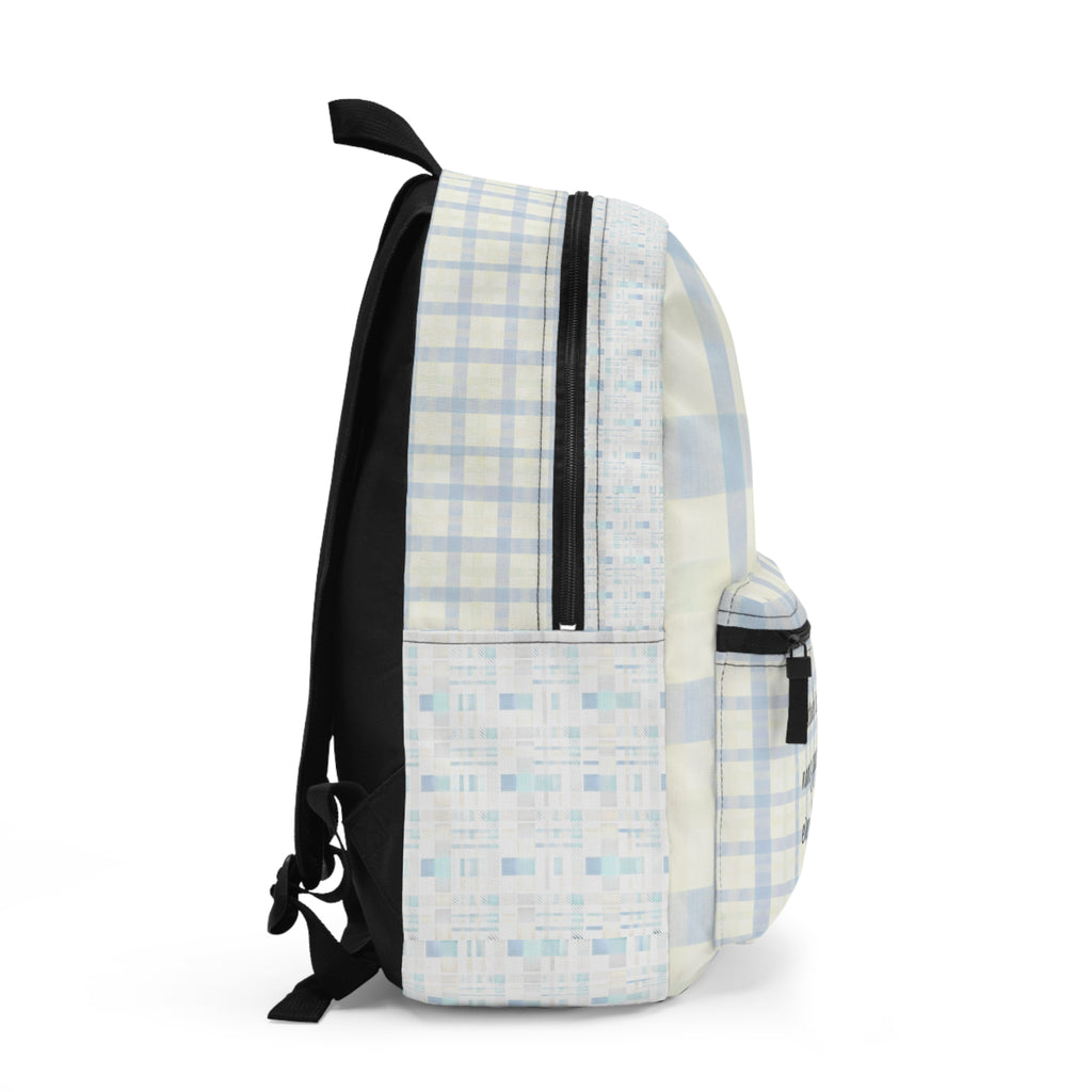 Gratitude Practice Backpack — Floral Blue Plaid "Name 3 Good Things Everyday"