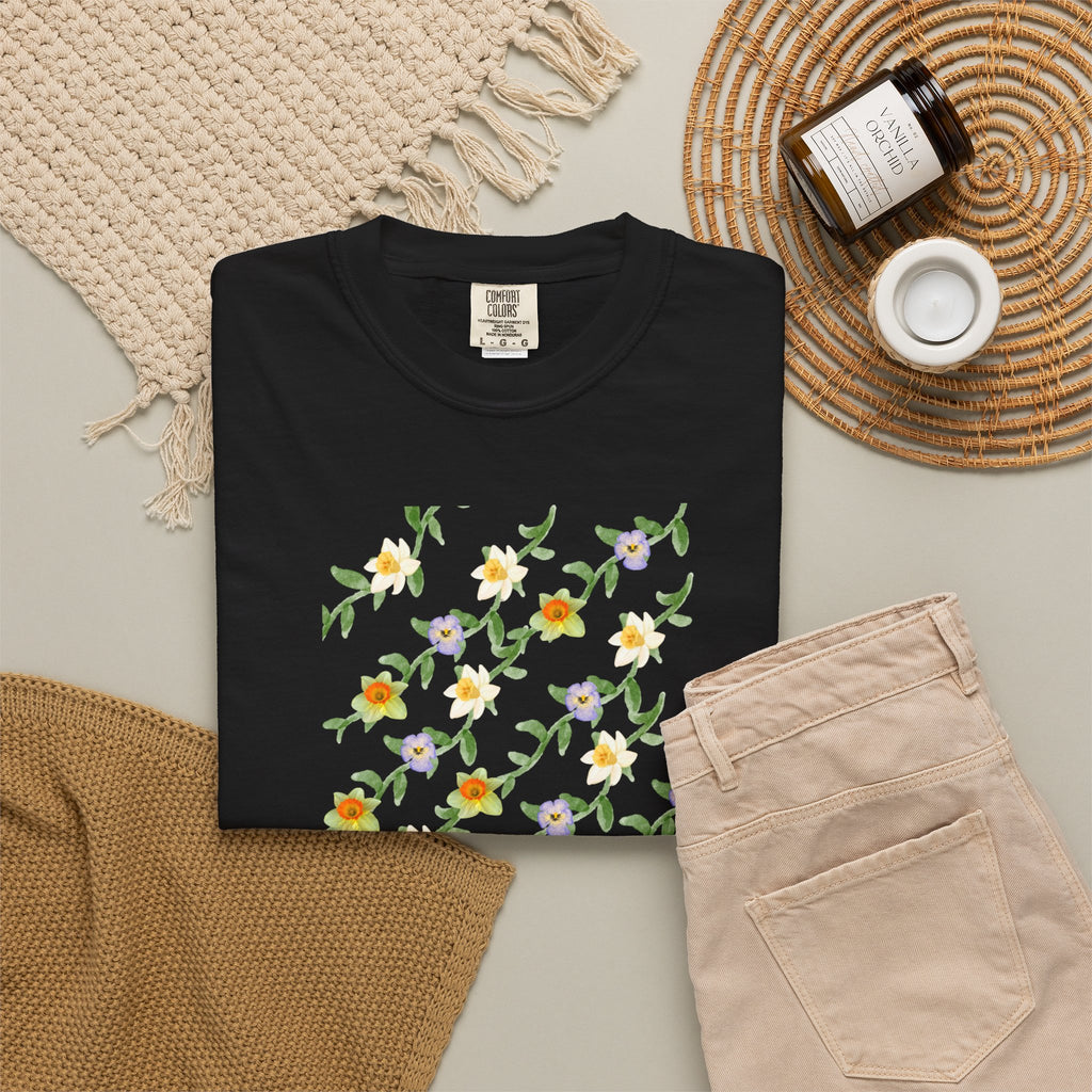 Floral Vine Pattern T-Shirt — Yellow & Purple Blossom Graphic Tee