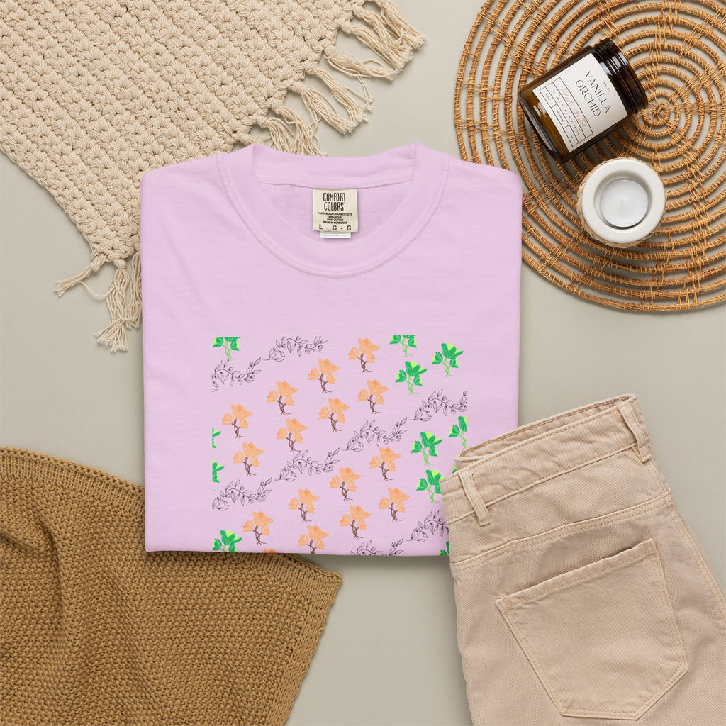 Floral Script T-Shirt — Peach Blossoms & Green Leaves Pattern