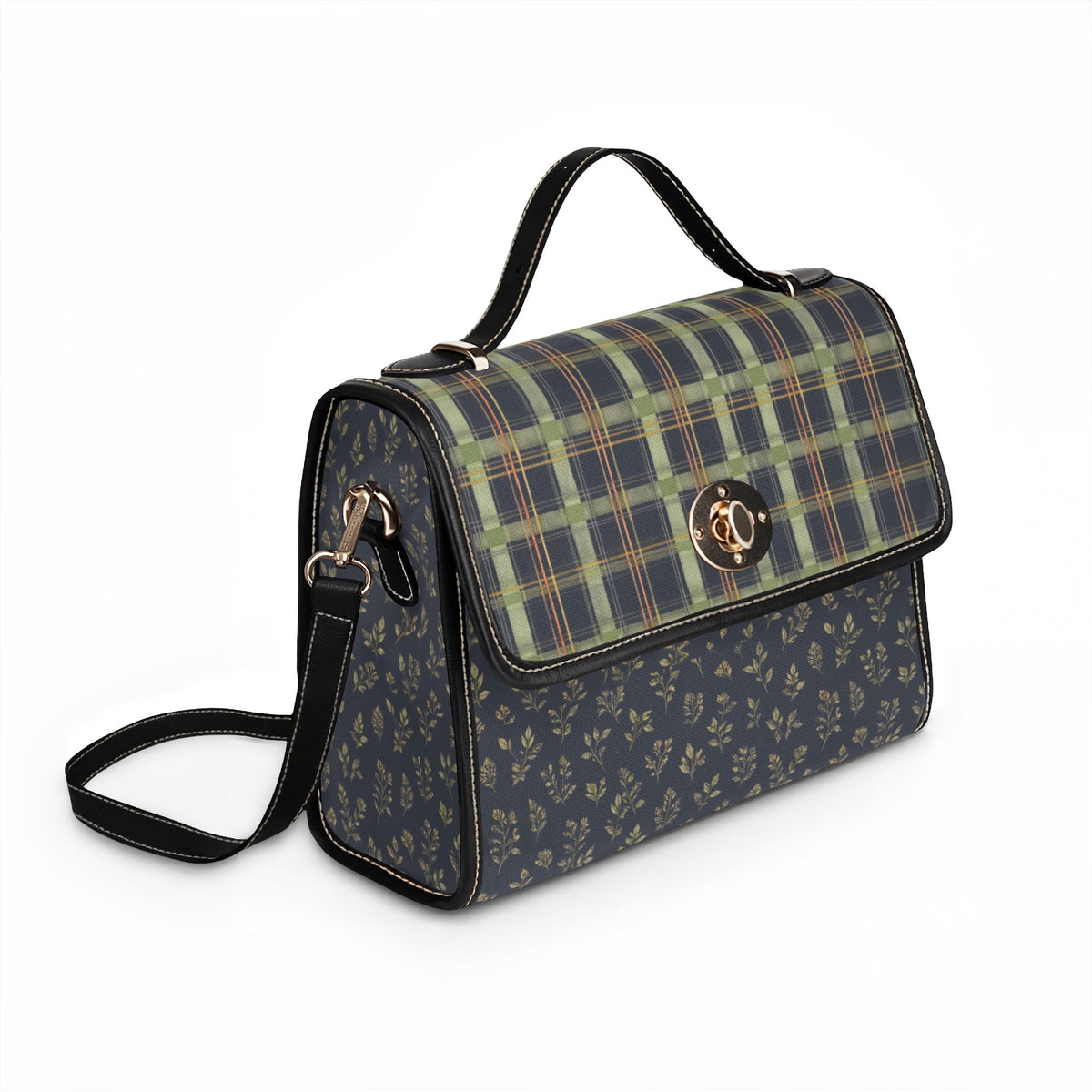 Waterproof Canvas Satchel — Green Plaid & Floral Print Tote Bag