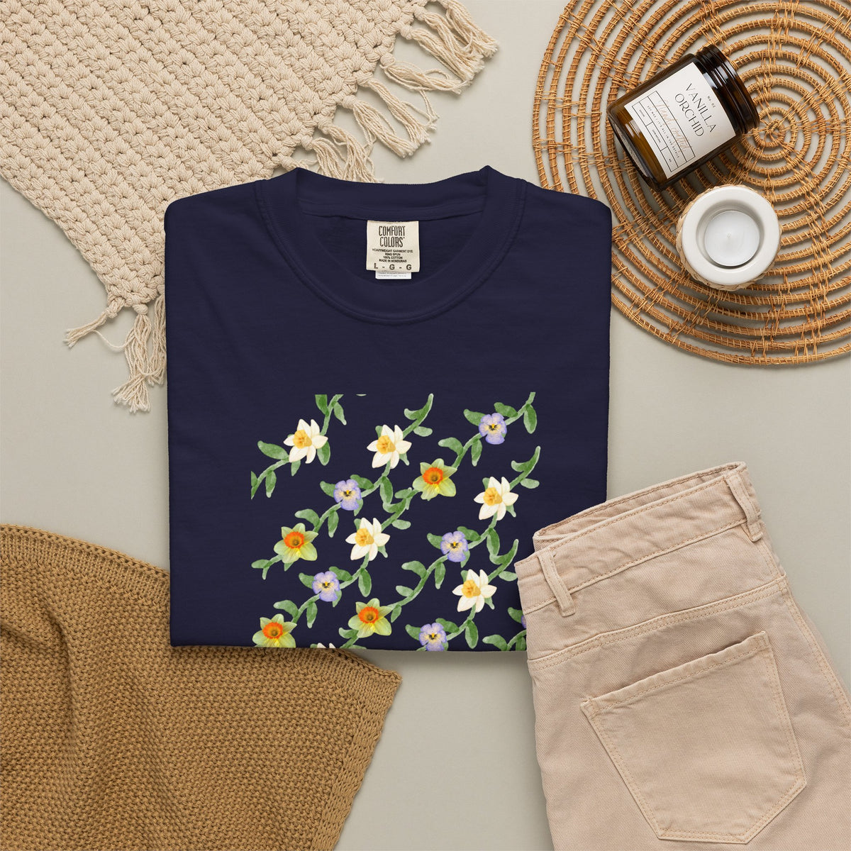 Floral Vine Pattern T-Shirt — Yellow & Purple Blossom Graphic Tee