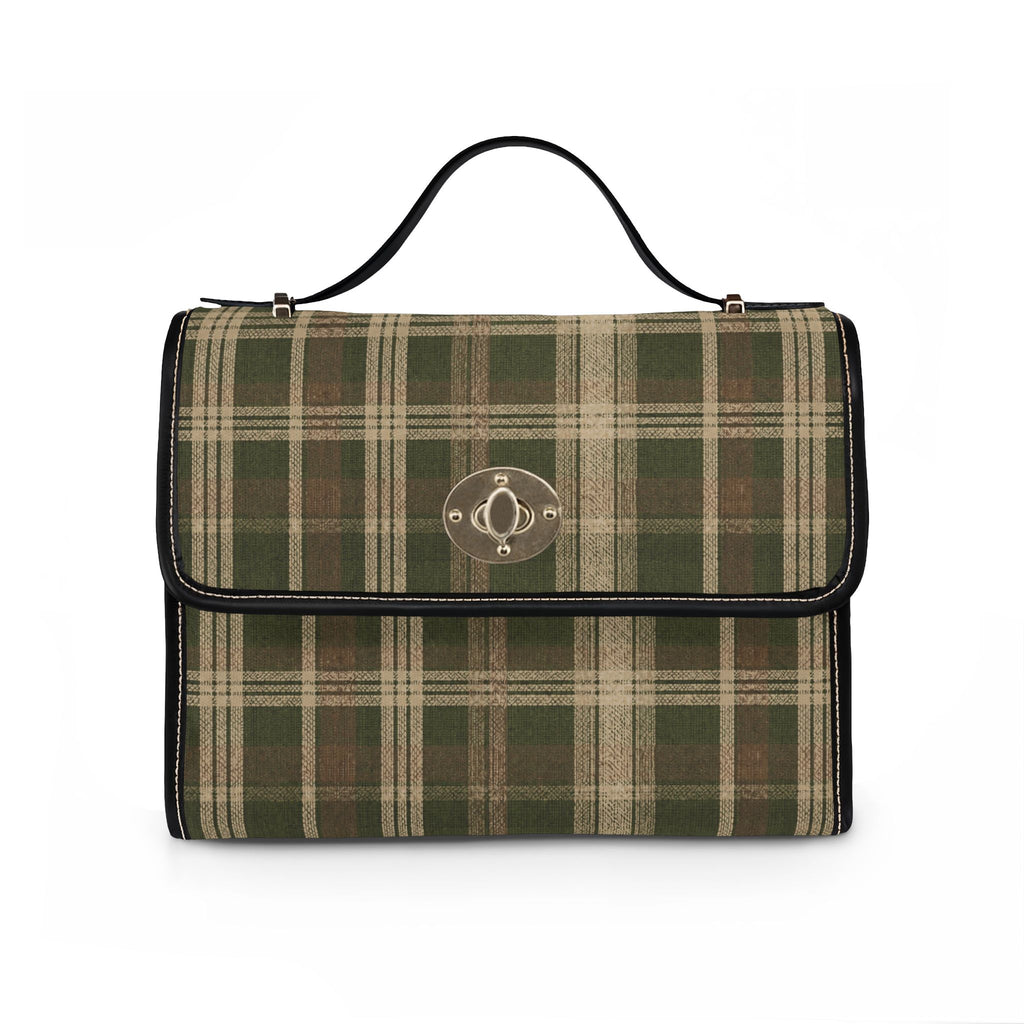 Waterproof Canvas Bag - Green Plaid Tote with Leather Trim