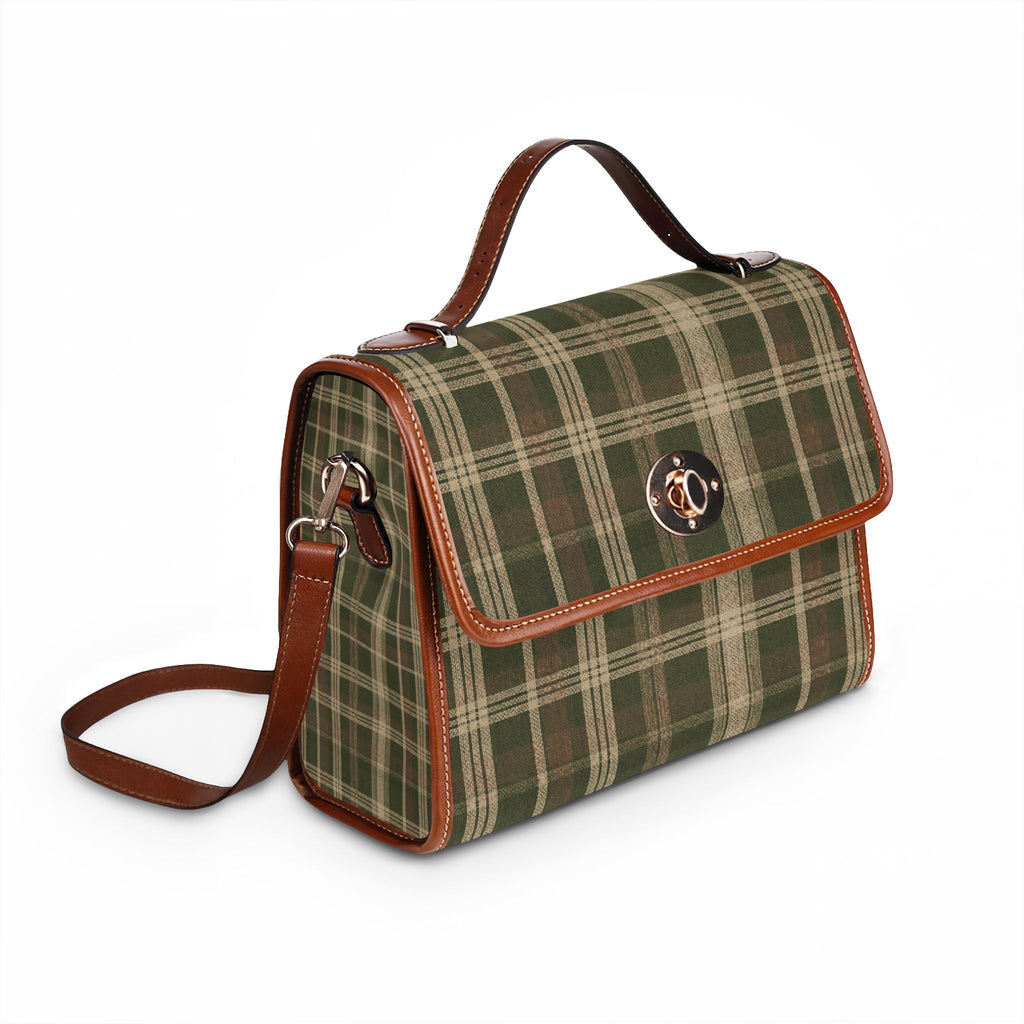 Waterproof Canvas Bag - Green Plaid Tote with Leather Trim