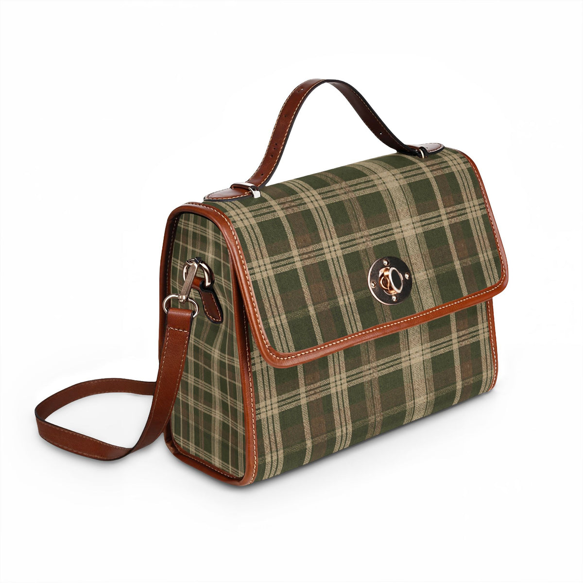 Waterproof Canvas Bag - Green Plaid Tote with Leather Trim