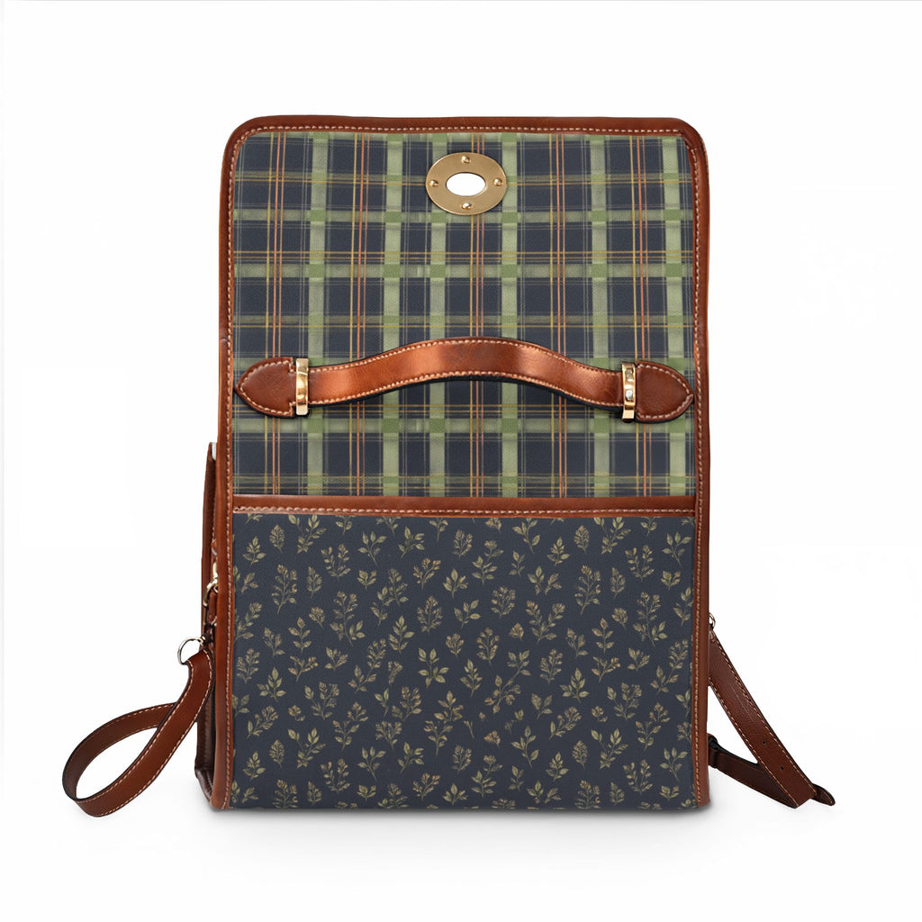 Waterproof Canvas Satchel — Green Plaid & Floral Print Tote Bag