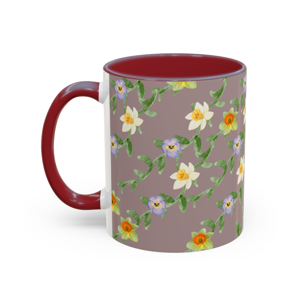 Floral Vine Accent Coffee Mug — Handpainted Daffodil & Violet Pattern (11/15oz)