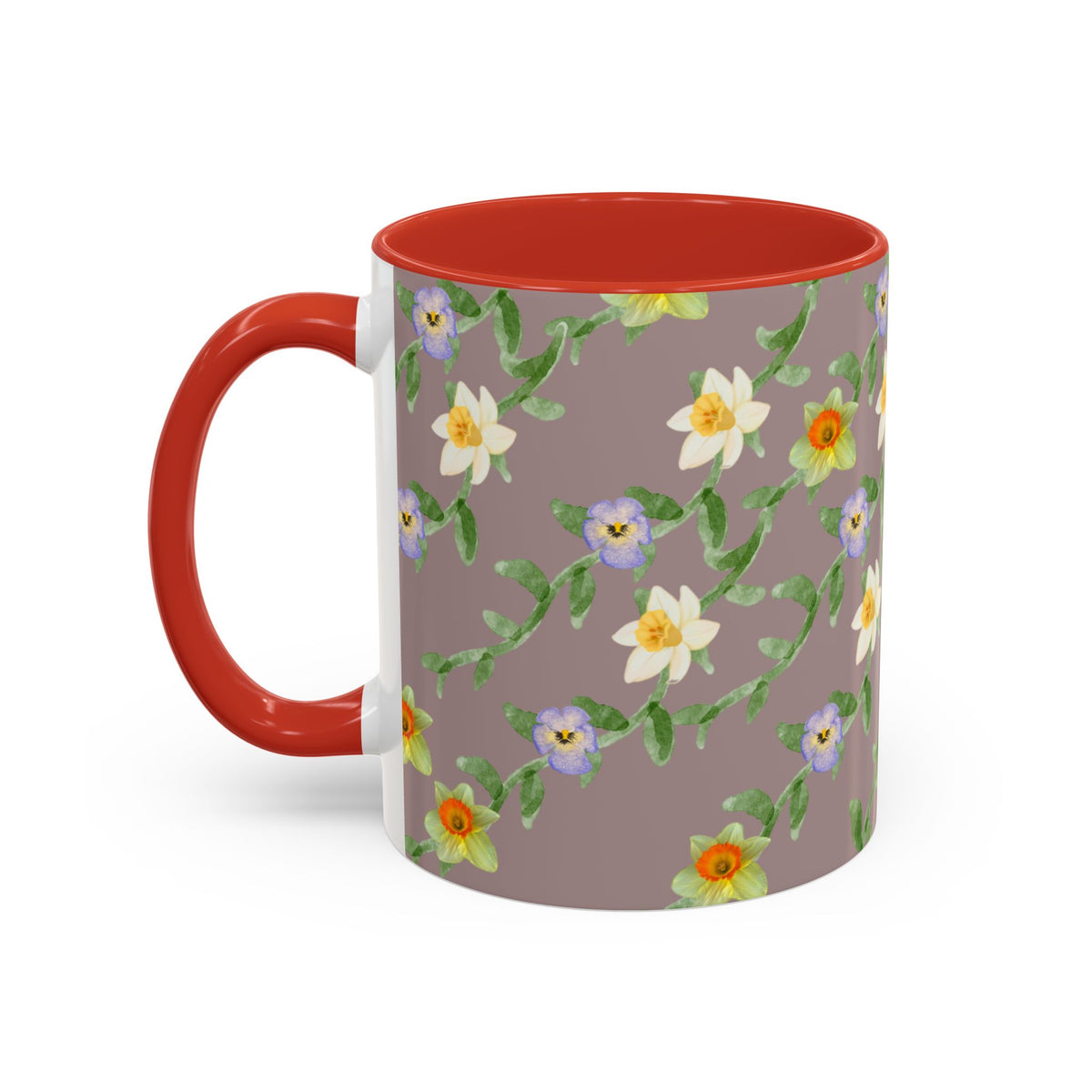 Floral Vine Accent Coffee Mug — Handpainted Daffodil & Violet Pattern (11/15oz)