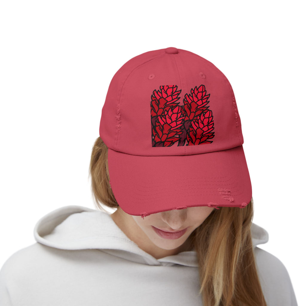 Distressed Black Cap with Red Leaf Patch — Floral Graphic Dad Hat