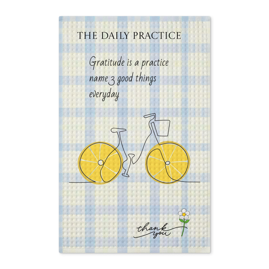 Gratitude Daily Practice Waffle Tea Towel — Double-Sided Plaid Kitchen Towel with Bicycle & 'Name 3 Good Things' Quote