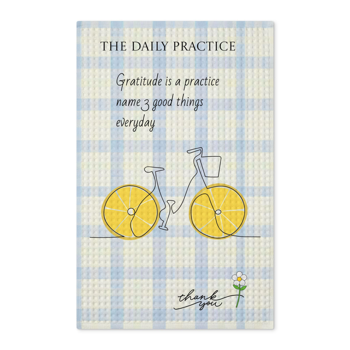 Gratitude Daily Practice Waffle Tea Towel — Double-Sided Plaid Kitchen Towel with Bicycle & 'Name 3 Good Things' Quote